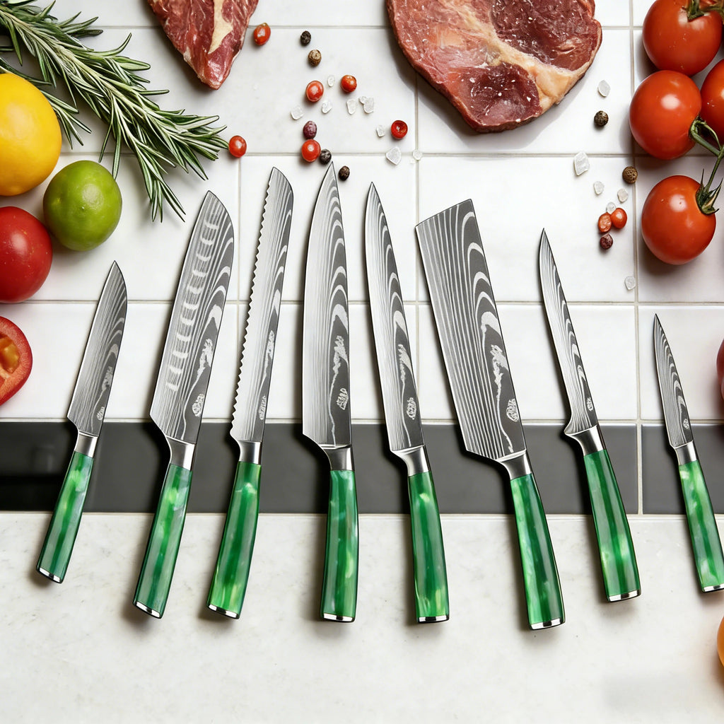 Set mit 8 scharfen und langlebigen ZENG Edelstahlmessern, mit grünem Harzgriff, tragbarer Nylontasche, Küchenutensilien für Zuhause und als Geschenk