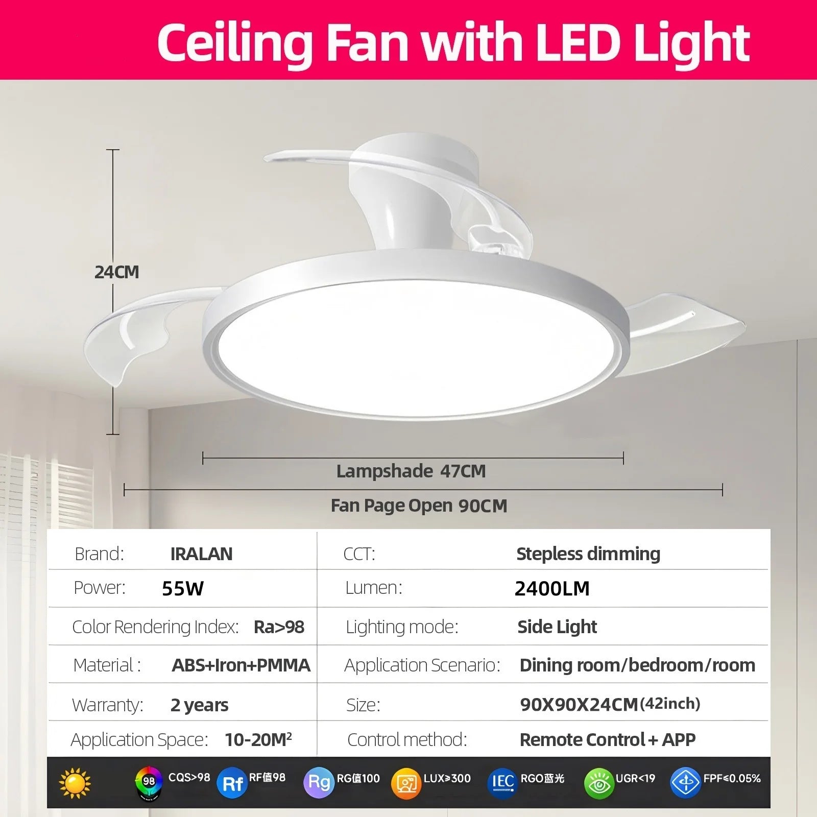 Ventilatore da Soffitto Invisibile con Luce, Pale Retrattili, Grande Ventilatore Elettrico per Raffreddamento e Ventilazione, Telecomando, Illuminazione Dimmerabile
