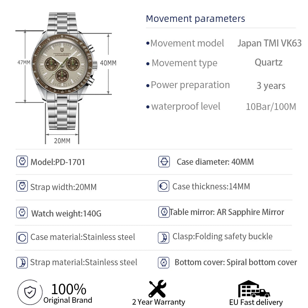 PAGANI DESIGN Orologio da Polso al Quarzo con Vetro Zaffiro, Cronografo Sportivo Impermeabile 10 Bar, Acciaio Inossidabile 316L