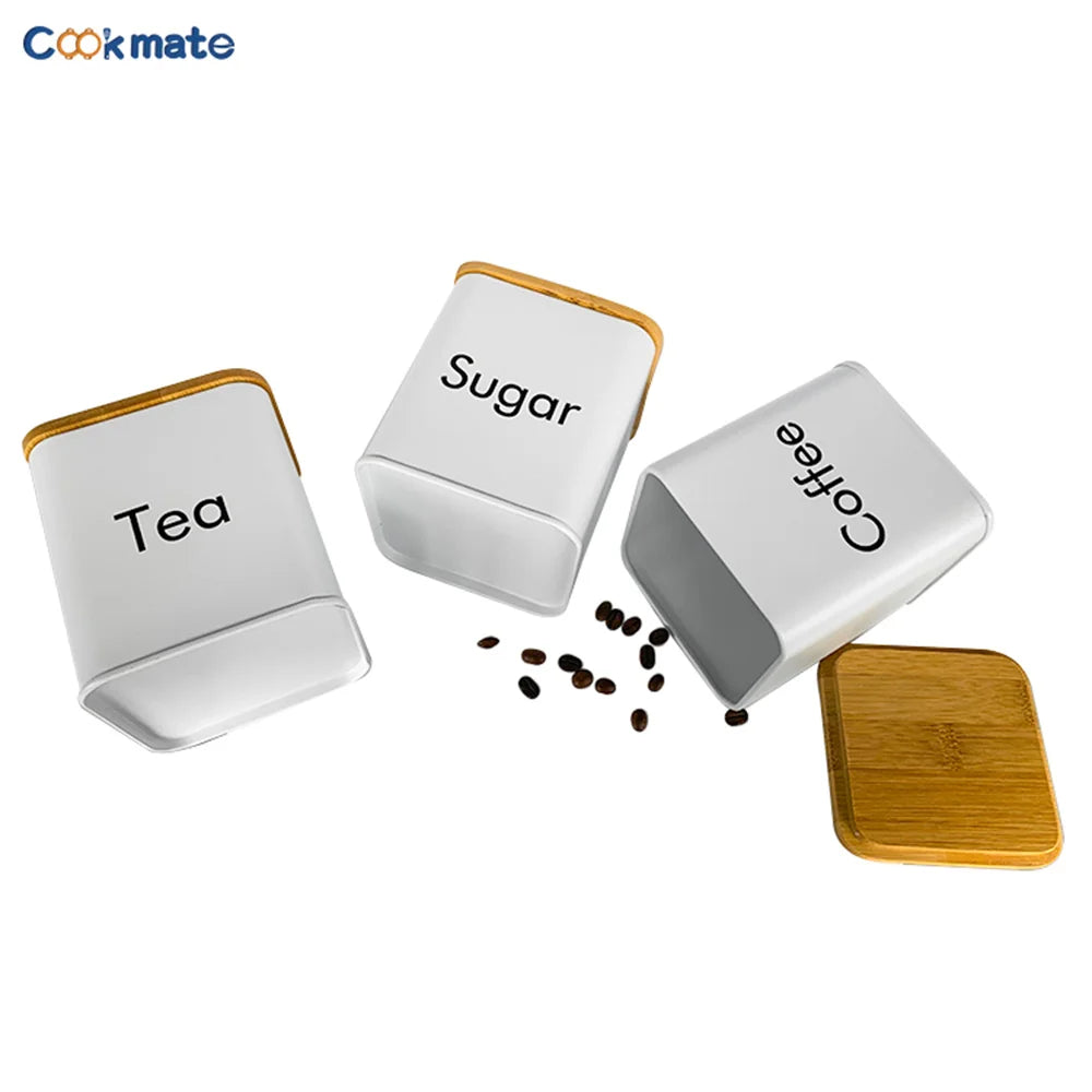 Set di Contenitori Ermetici in Metallo per Caffè, Tè e Zucchero con Coperchi in Bambù, 3 Barattoli per Piano di Lavoro