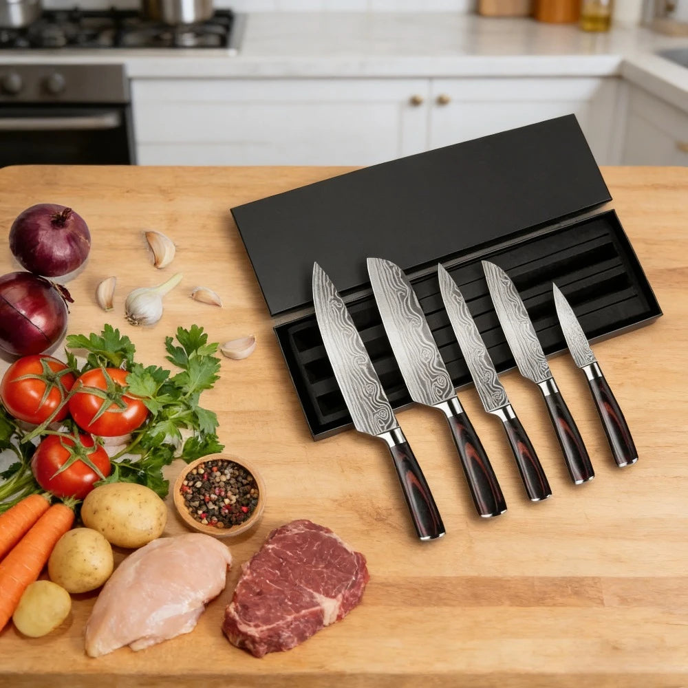 Professionelles 8-Zoll-Kochmesser aus 7CR17-Stahl mit Laser-Damastmuster, Pakka-Holzgriff, Küchenmesser mit Scheide und Geschenkbox