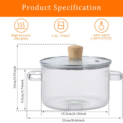 Pentola in vetro con coperchio, pentola in vetro resistente al calore da 1,6 l/54 once con doppi manici, pentola per zuppa in vetro antiaderente, pentola da piano cottura