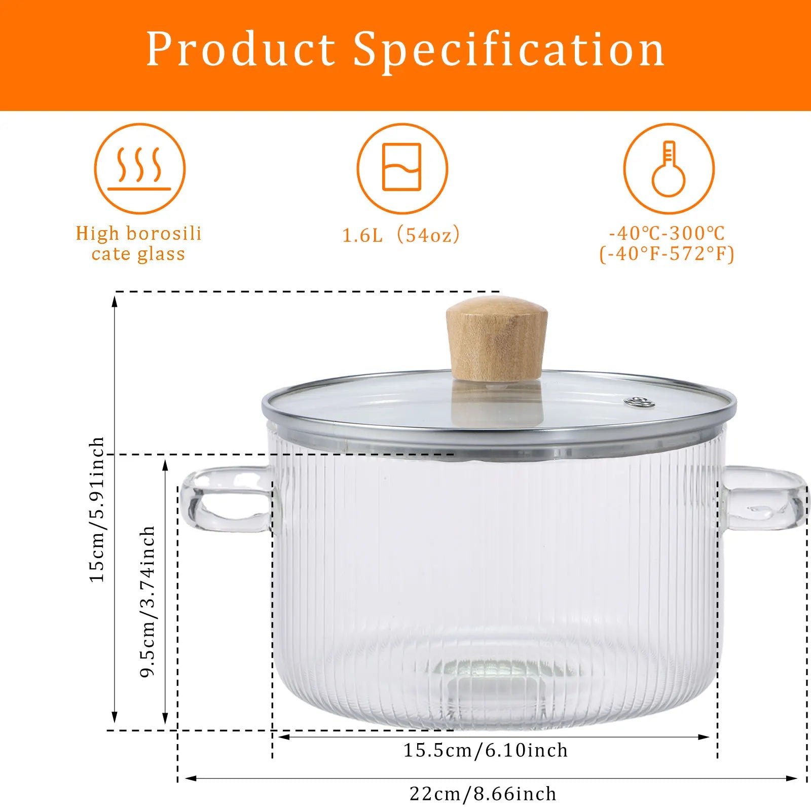 Glas-Topf mit Deckel Hitzebeständiger 1,6 l/54 Unzen Glas-Topf mit Doppelgriffen Antihaftbeschichteter Glas-Suppentopf Herdplatte