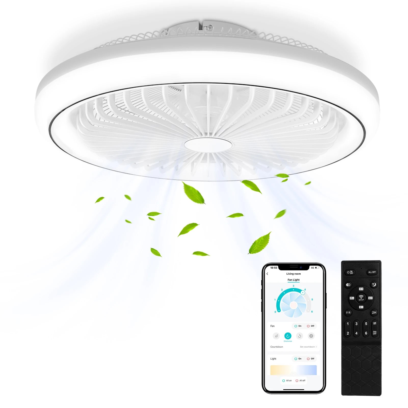 Ventilatore da soffitto con luce LED, telecomando, dimmerabile, 220V, bianco
