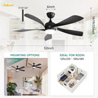 Ventilatore da soffitto Sofucor da 52 pollici a 5 pale con luce e telecomando, ventilatore da soffitto DC a 6 velocità, silenzioso.