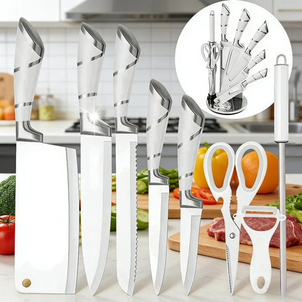 DIFITO Set di 9 Coltelli da Cucina Bianchi Minimalisti con Manico Cavo in Acciaio 3Cr13, Affilati, Durevoli e Resistenti alla Ruggine, con Blocco Portacoltelli, per Casa e Regalo