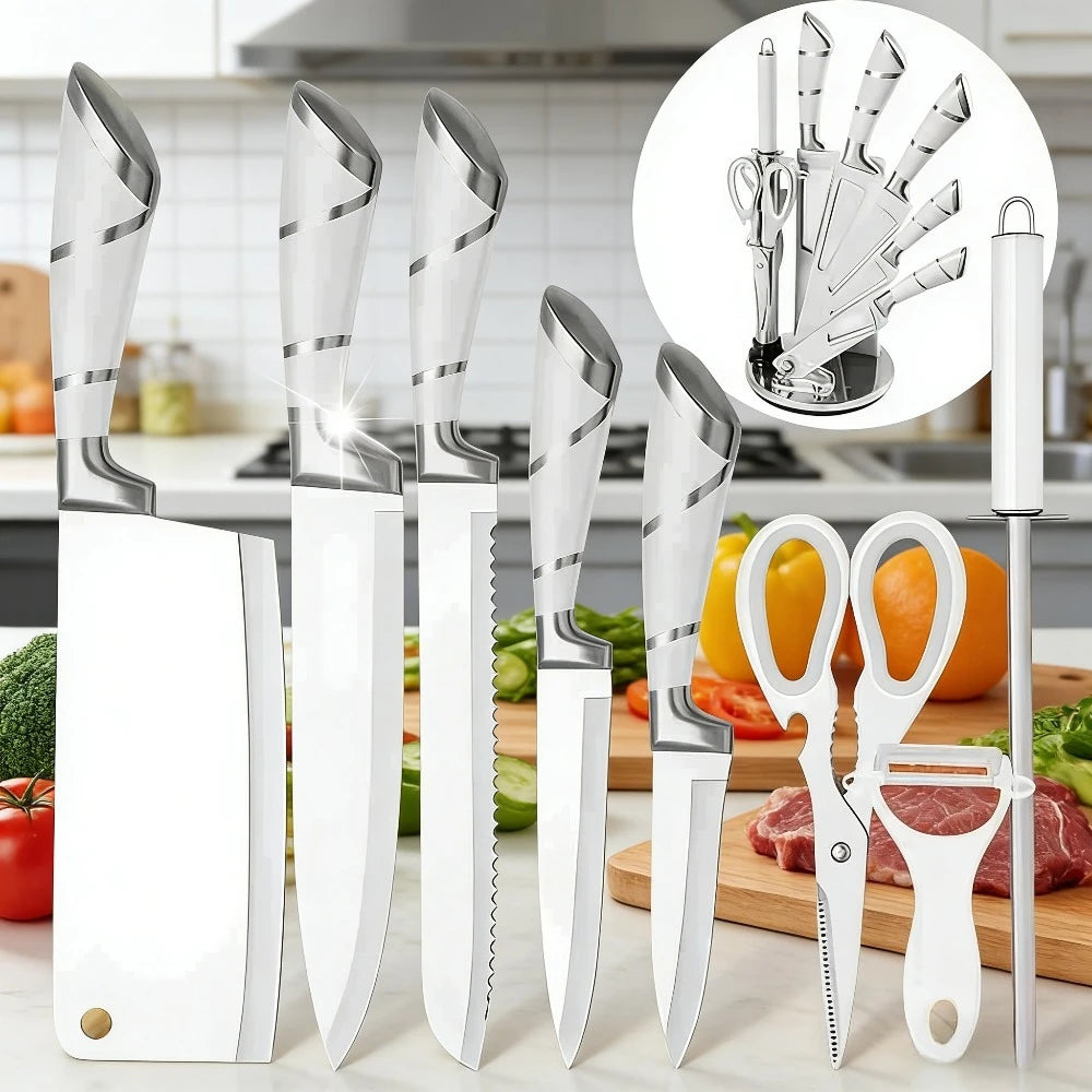 DIFITO 9-teiliges, minimalistisches, weißes Küchenmesser-Set mit hohlem 3Cr13-Stahlgriff, scharf, langlebig und rostbeständig, mit Messerblock, für Zuhause und als Geschenk