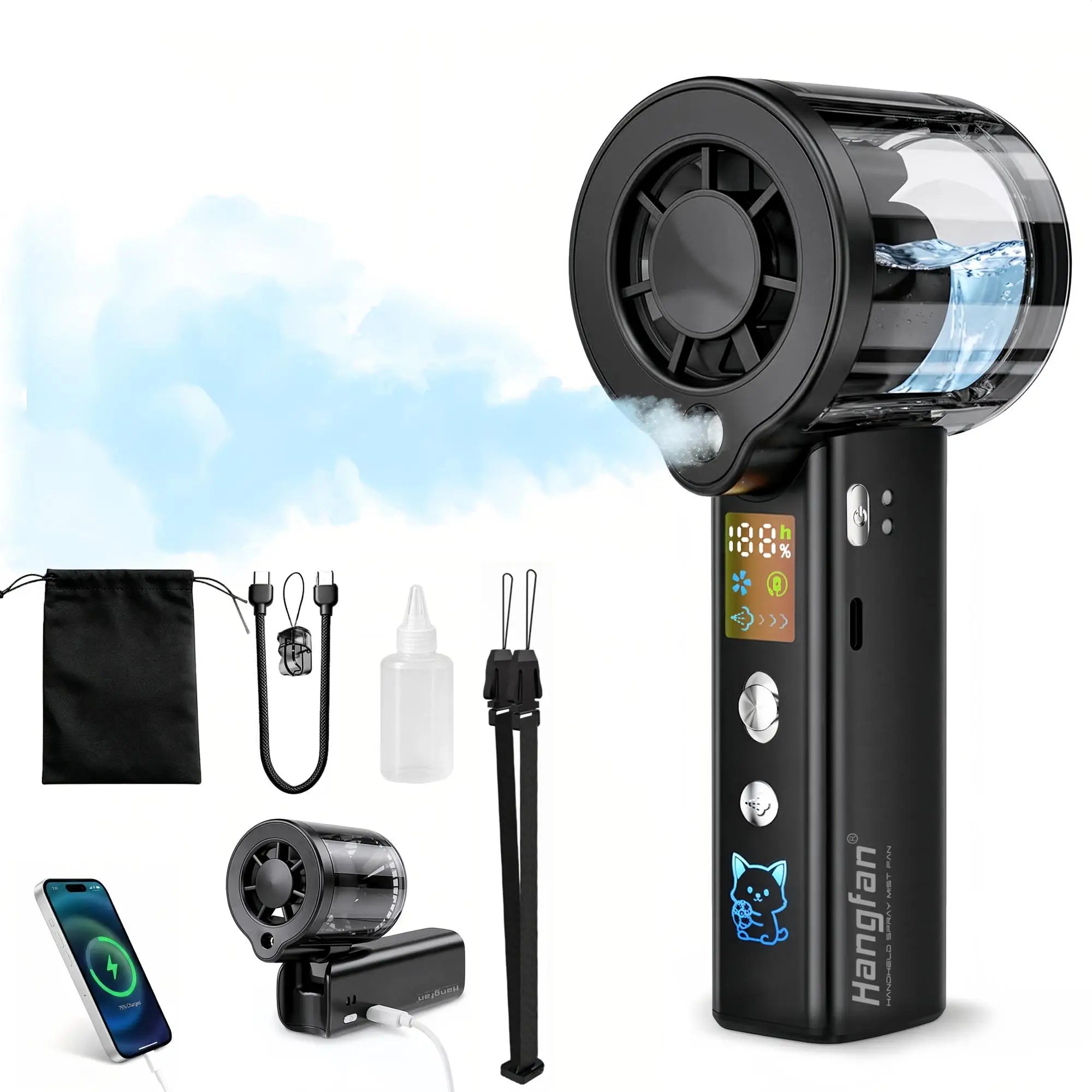 Ventilatore portatile a spruzzo 4 in 1, ventilatore ricaricabile a batteria USB ultra-grande, regolabile a 100 corse, mini ventilatore, ventilatore personale pieghevole, schermo LED, per trucco / concerti (lila)