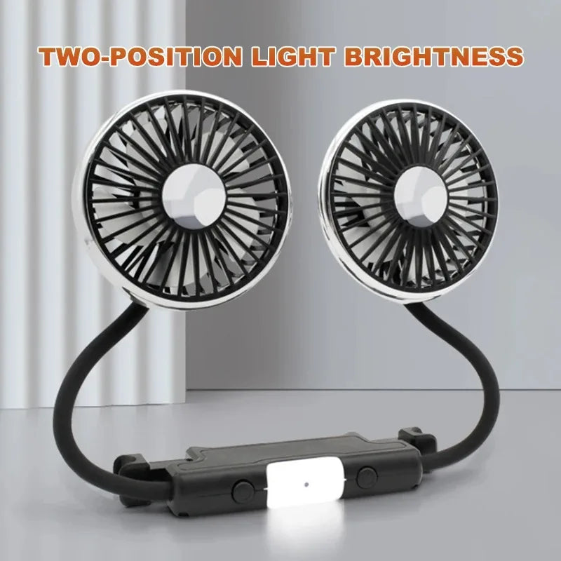 Ventilatore portatile USB a doppia testa regolabile con interruttore indipendente, 3 velocità 360° °   Ventilatore da Poggiatesta per Auto, per Casa e Sedile Posteriore