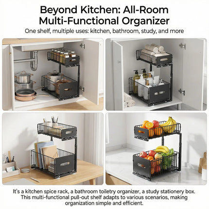 2-Tier Under Sink Pull-Out Organizer, Adjustable Kitchen Shelf, Pull-Out Cabinet Organizer, Spice Rack