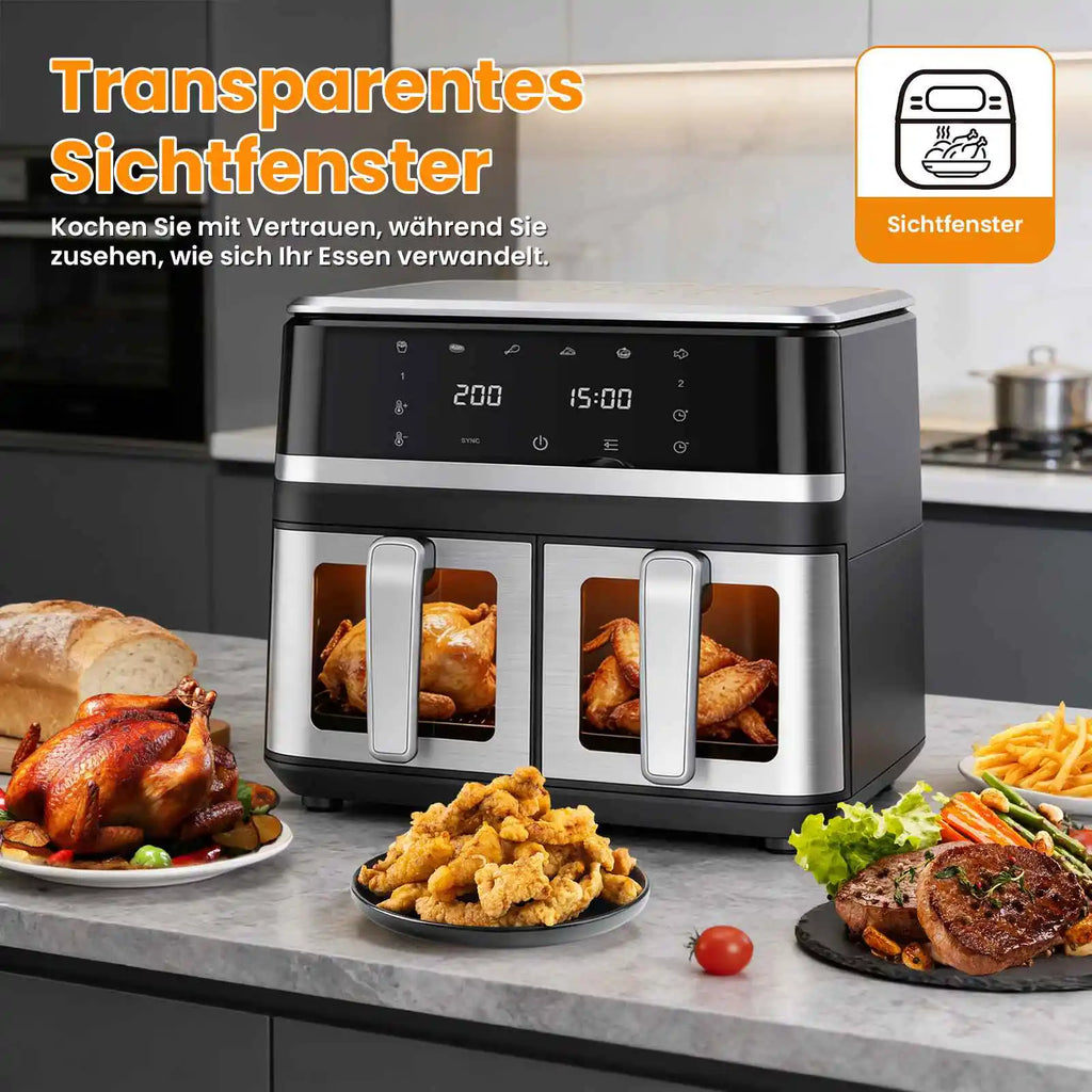 1400 W ölfreie Heißluftfritteuse, 8 l Heißluftfritteuse mit Sichtfenster, digitalem Touchdisplay, 8 Programmen und XXL-Fassungsvermögen