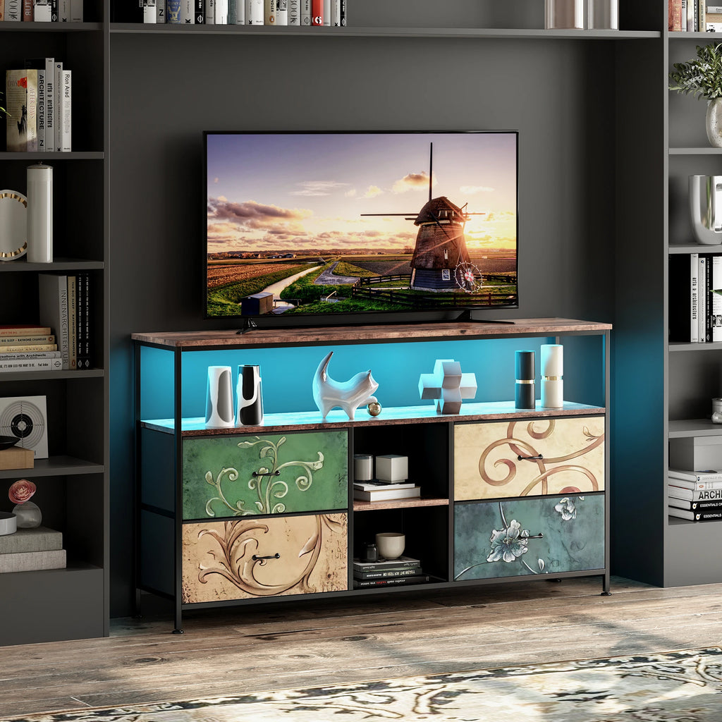 Mobiler TV-Ständer, TV-Tisch, TV-Möbel, mit LED-Beleuchtung und Stoffschubladen, Platte mit Tigerfellmuster, doppelter offener Stauraum und 4 Schubladen, zur Aufbewahrung von Elektrogeräten, DVDs, Büchern, für Wohnzimmer, Schlafzimmer