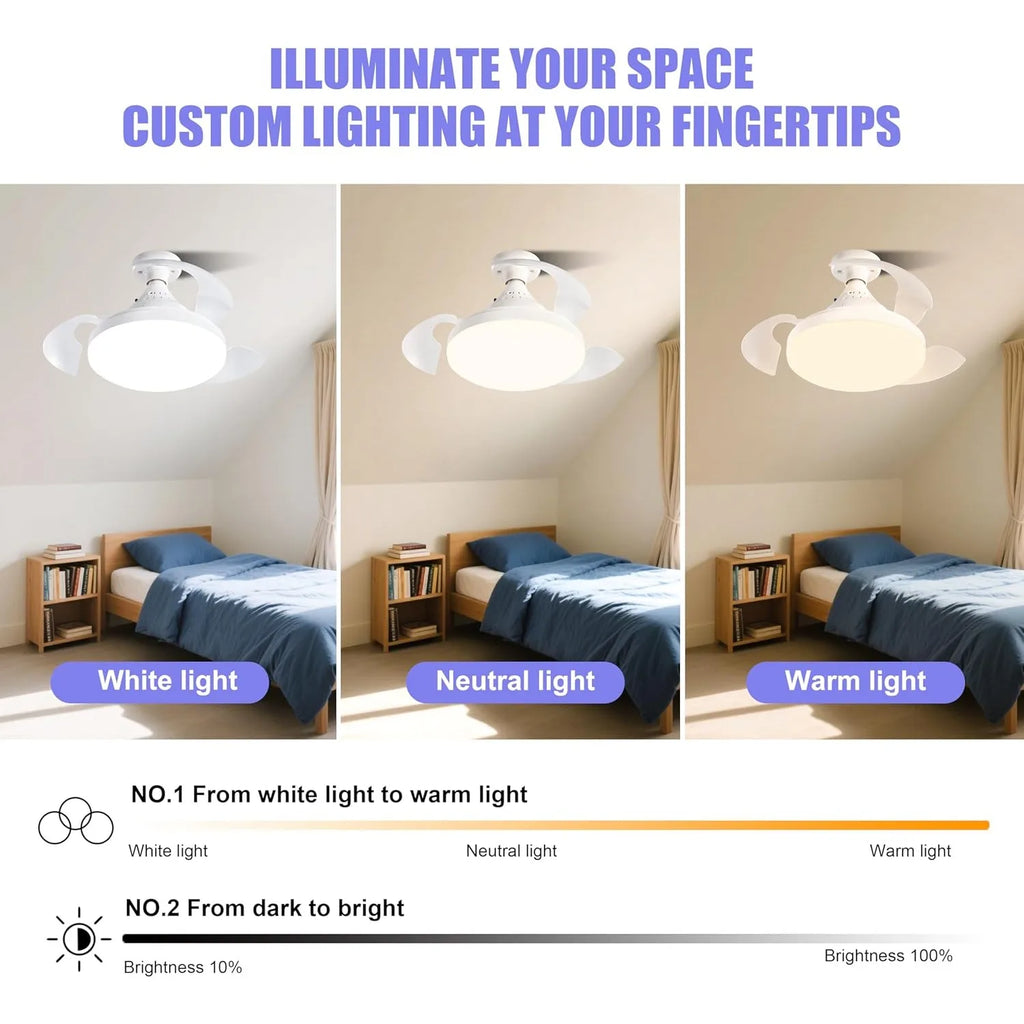 Ventilatore da soffitto JOYINLED con illuminazione e telecomando, pale retrattili a scomparsa, luce dimmerabile, silenzioso, 3 velocità per camera da letto