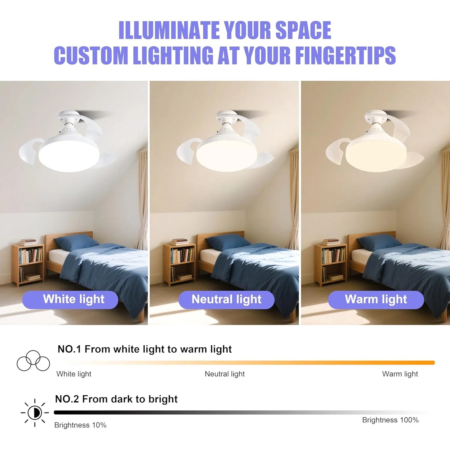 Ventilatore da soffitto JOYINLED con illuminazione e telecomando, pale retrattili a scomparsa, luce dimmerabile, silenzioso, 3 velocità per camera da letto
