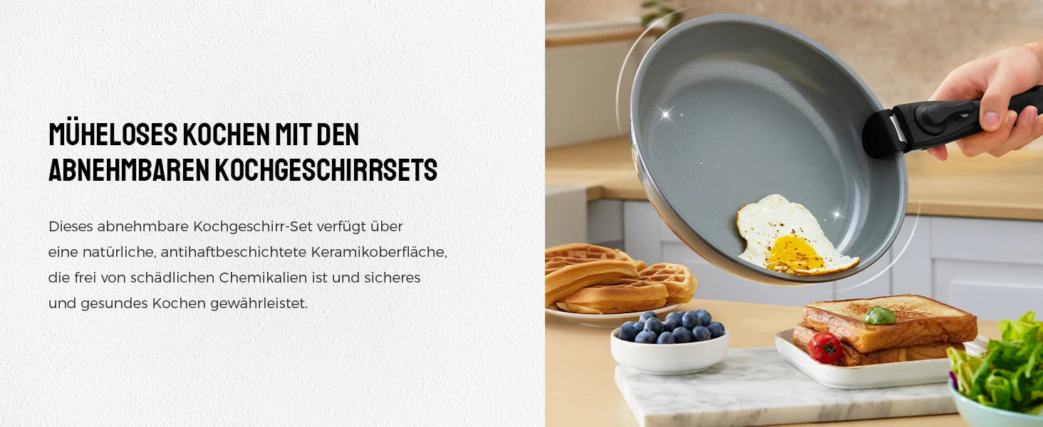 Pfannenset mit abnehmbarem Griff, antihaftbeschichtete Keramikpfannen, Induktionspfannenset mit Kochutensilien, für alle Herdarten