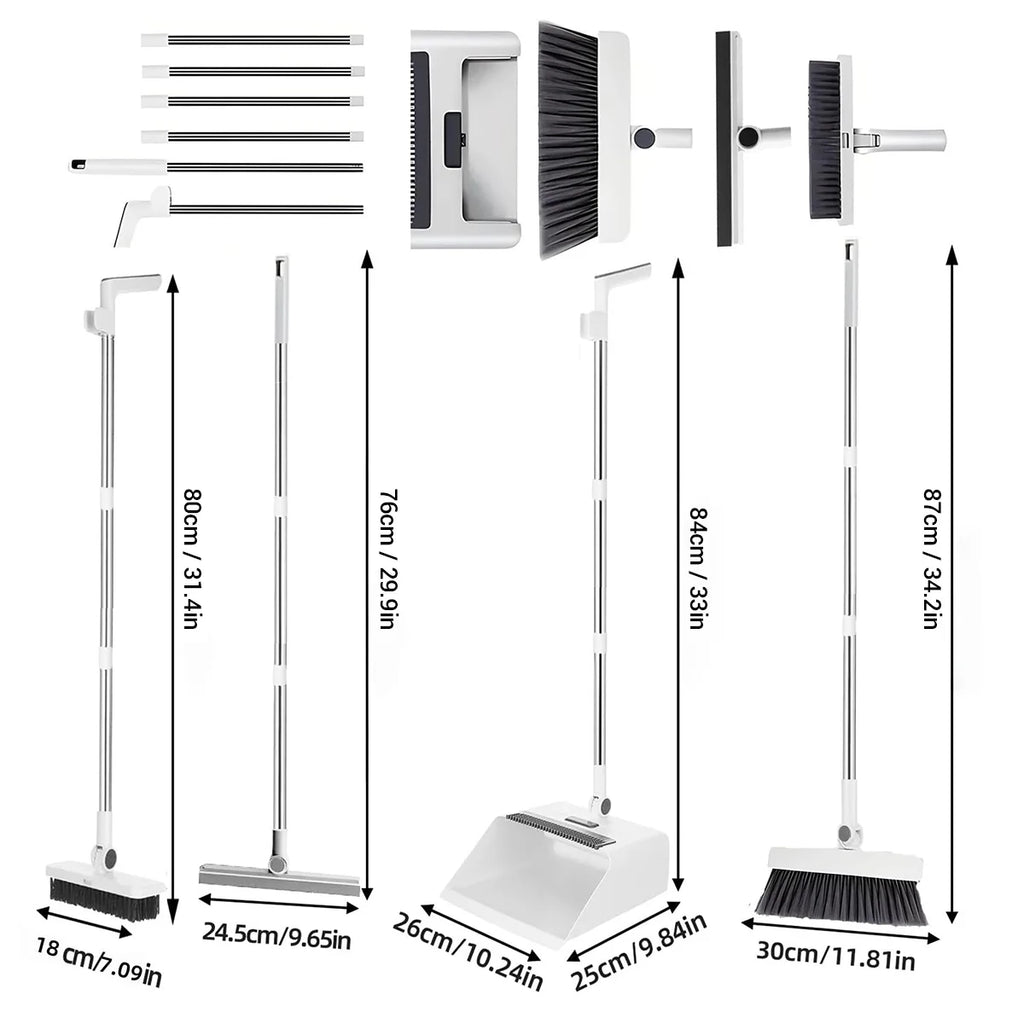 4-in-1-Set aus faltbarer Kehrgarnitur mit integrierten Kammzähnen, mehreren Ersatzköpfen, strapazierfähigem Reinigungsset für Zuhause, Küche, Bad und Bodenreinigung.