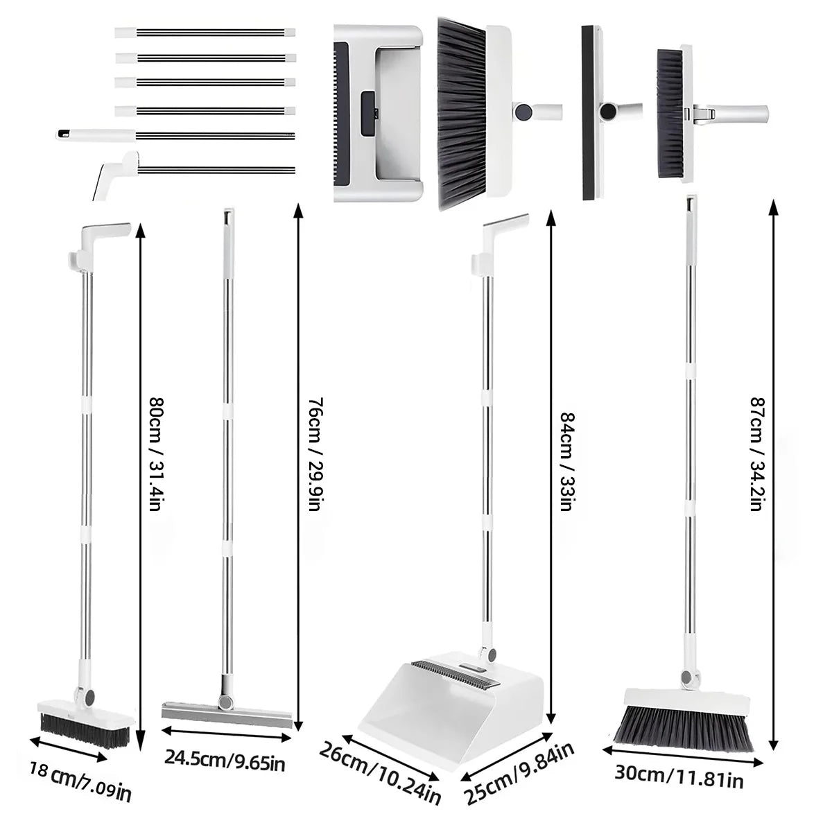 4-in-1-Set aus faltbarer Kehrgarnitur mit integrierten Kammzähnen, mehreren Ersatzköpfen, strapazierfähigem Reinigungsset für Zuhause, Küche, Bad und Bodenreinigung.