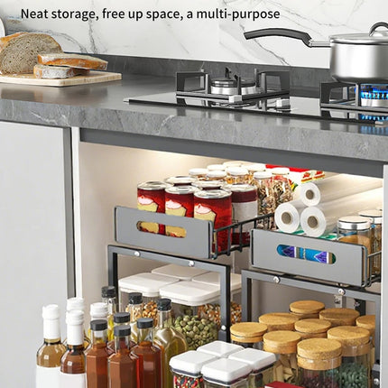 Under-Sink Organizer for Kitchen, 2-Tier Adjustable Pull-Out Shelf for Bowls, Plates, and Spice Jars
