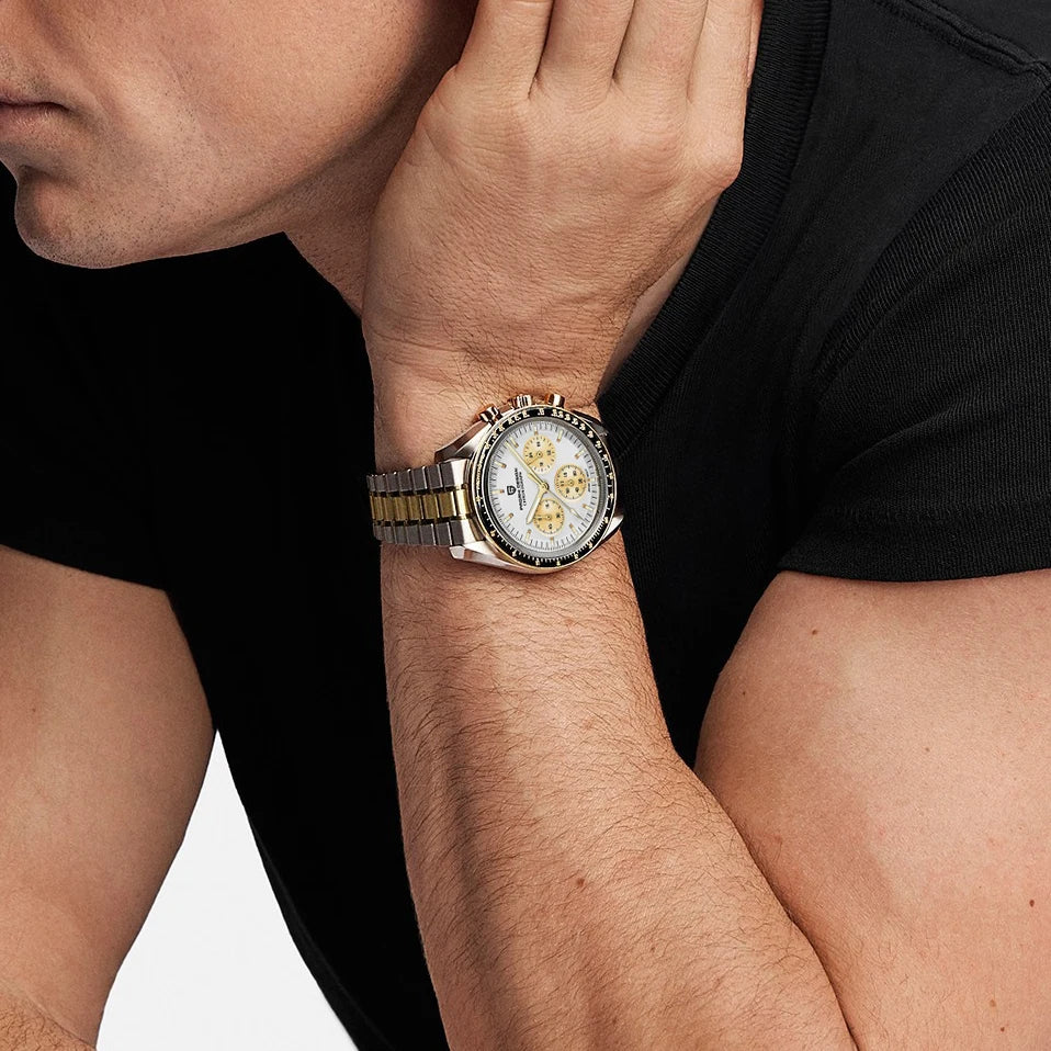PAGANI DESIGN Herren-Armbanduhr mit Meteoritenzifferblatt, luxuriöse Quarzuhr, Sport-Chronograph, wasserdicht, mit AR-Saphirglas.