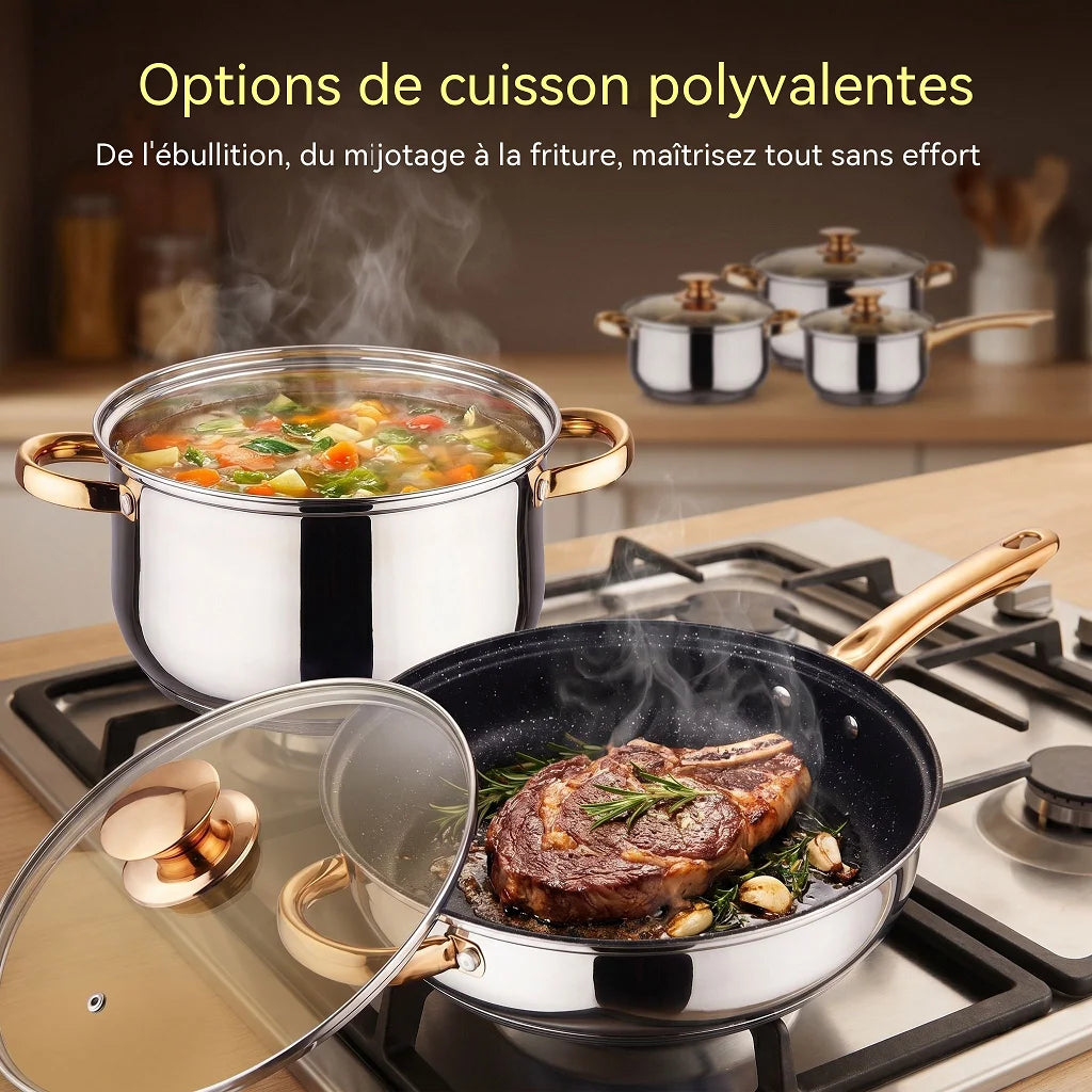 Set di 6 casseruole in acciaio inox per alimenti, con fondo a 5 strati, colore oro, ideali per cucinare, friggere e preparare zuppe.