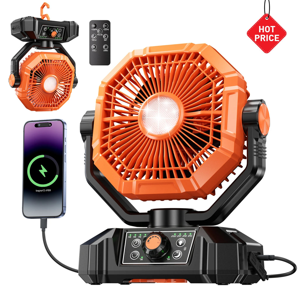 Ventilatore da Campeggio 20000mAh con Lanterna LED, Ventilatore da Tavolo a 8 Velocità con Telecomando, Ventilatore Portatile da Esterno con Gancio per Tenda, Interruzioni di Corrente, Cantiere