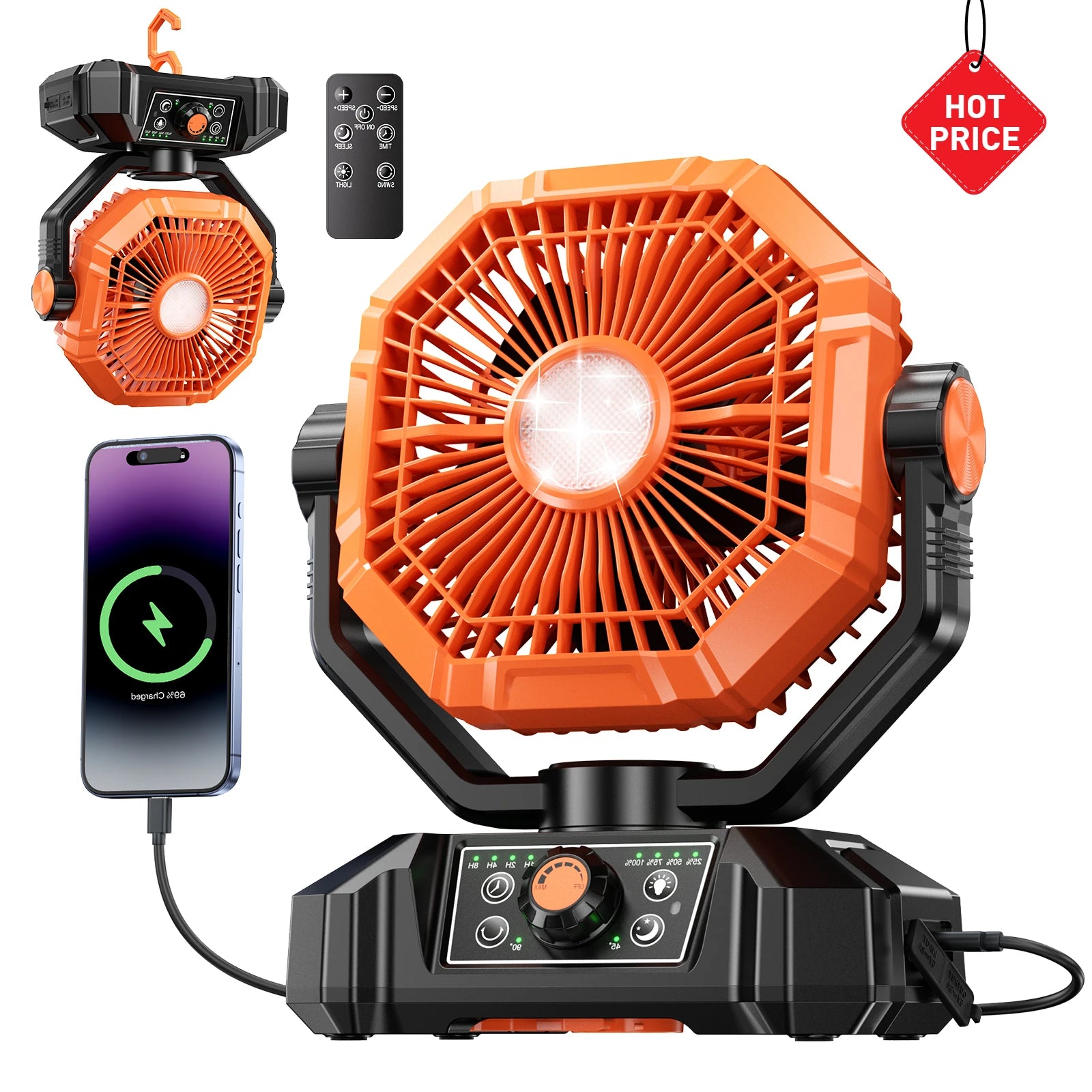 Ventilatore da Campeggio 20000mAh con Lanterna LED, Ventilatore da Tavolo a 8 Velocità con Telecomando, Ventilatore Portatile da Esterno con Gancio per Tenda, Interruzioni di Corrente, Cantiere