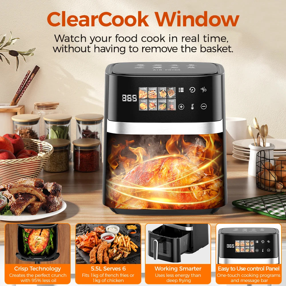 Patbrela Friggitrice ad Aria 5,5L 8-in-1 Forno Elettrico con Schermo LED Digitale e Finestra Visibile, 1350W, Nero