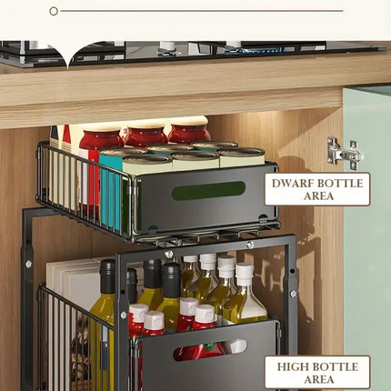 New pull-out cabinet organizer, adjustable kitchen storage, under-sink storage, spice jar storage, sliding drawer