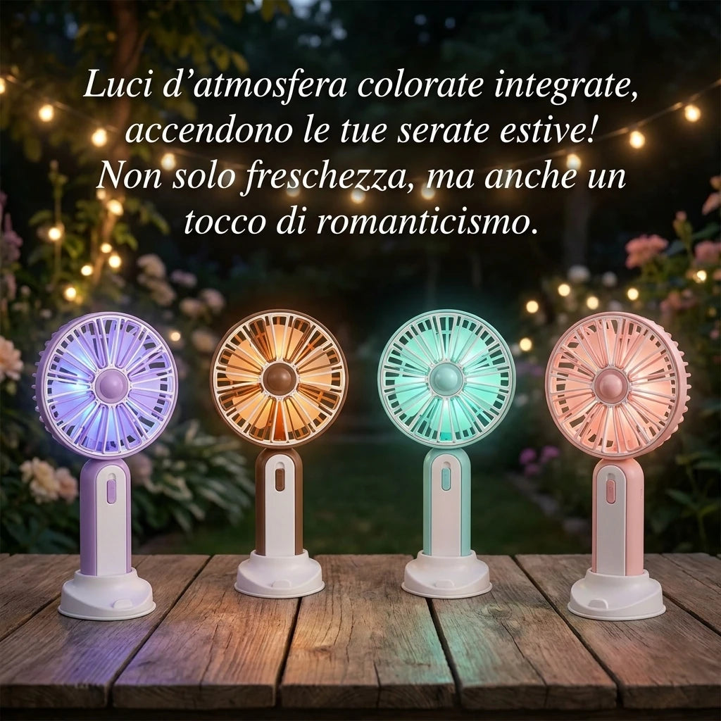 Mini ventilatore portatile con ricarica USB, ventilatore da tavolo, ventilatore portatile con luce ambientale integrata, tre livelli di velocità, per ufficio, viaggi, trucco, campeggio, pendolarismo all'aperto