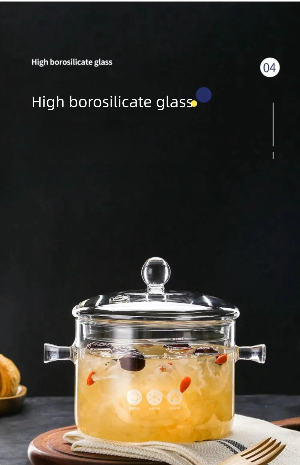 1350/1900 ml Hohe Borosilikatglas-Schüssel mit Griff Hitzebeständiger Glastopf mit Deckel Transparenter Kochtopf