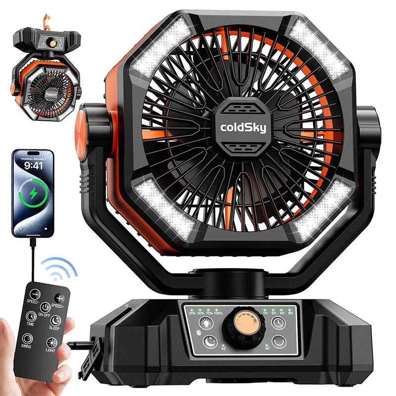 Ventilatore da campeggio con batteria da 20000 mAh con lanterna a 4 LED Ventilatore da tavolo a 8 velocità Ventilatore da esterno portatile per tenda da campeggio all'aperto e pesca