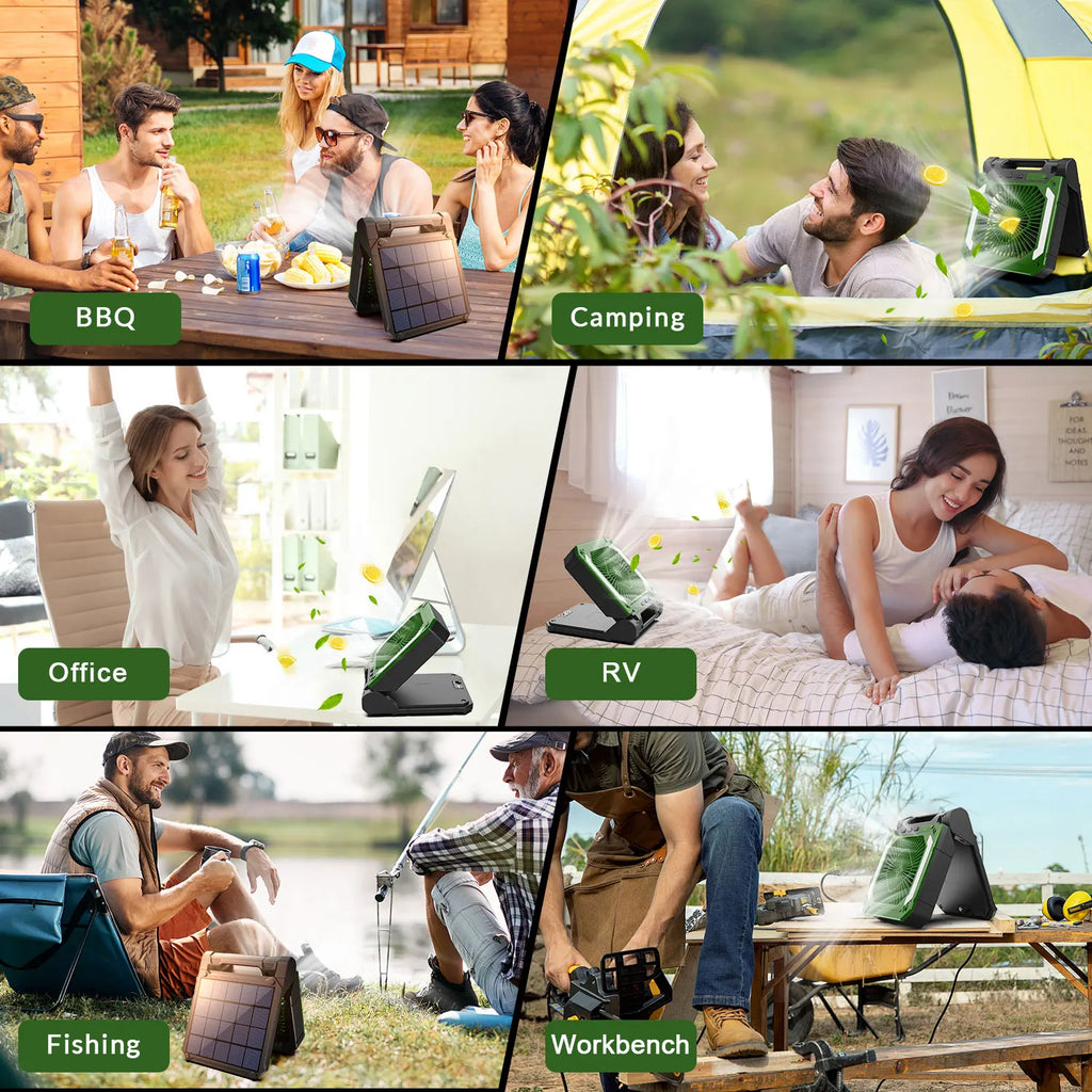 Ventilatore Portatile Ricaricabile da 9000mAh con Pannello Solare 2-in-1, 3 Velocità, Senza Fili, Alimentato a Batteria con Lanterna LED, Timer, Silenzioso, USB-C, da Tavolo per Viaggi, Tenda, Ufficio, Casa, Camera da Letto