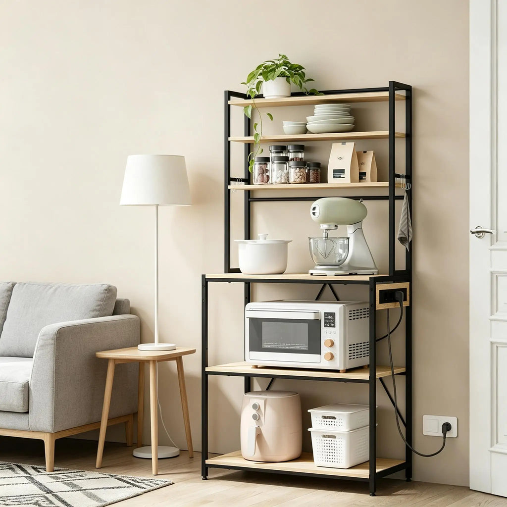 Modernes Ausstellungsregal, Kaffeestation, Küchenregal mit Steckdosen, Küchenschrank – Mini-Arbeitsstation für Kaffee und Geräteorganisation