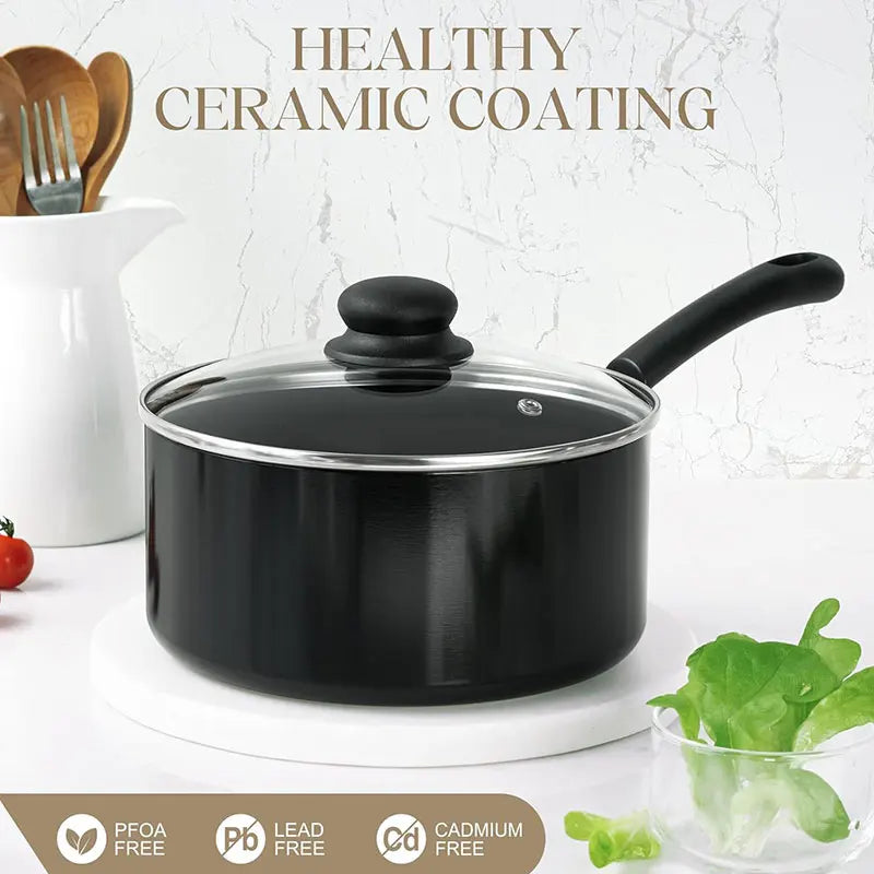 Set di pentole da cucina nere da 3 pezzi Set di pentole antiaderenti da 1QT, 2QT e 3QT Set di pentole per zuppe e latte con coperchio in vetro temperato
