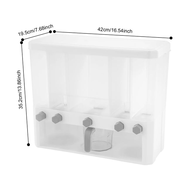 5-Compartment Rice Dispenser, Dry Food Storage Container, 33 LBS Capacity, Pantry Organizer with Measuring Cup for Cereal and Legumes