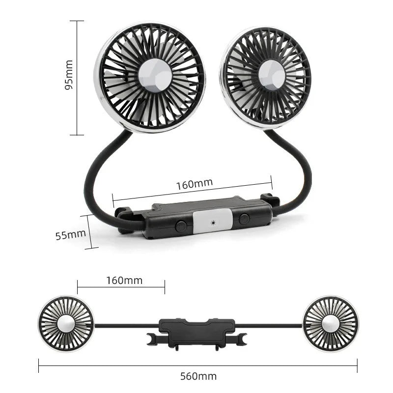 Ventilatore di raffreddamento per sedile auto EAFC a 3 velocità, ricarica USB, doppia testa, illuminazione LED, rotazione a 360 gradi, raffreddatore per il collo, per uso domestico e viaggi