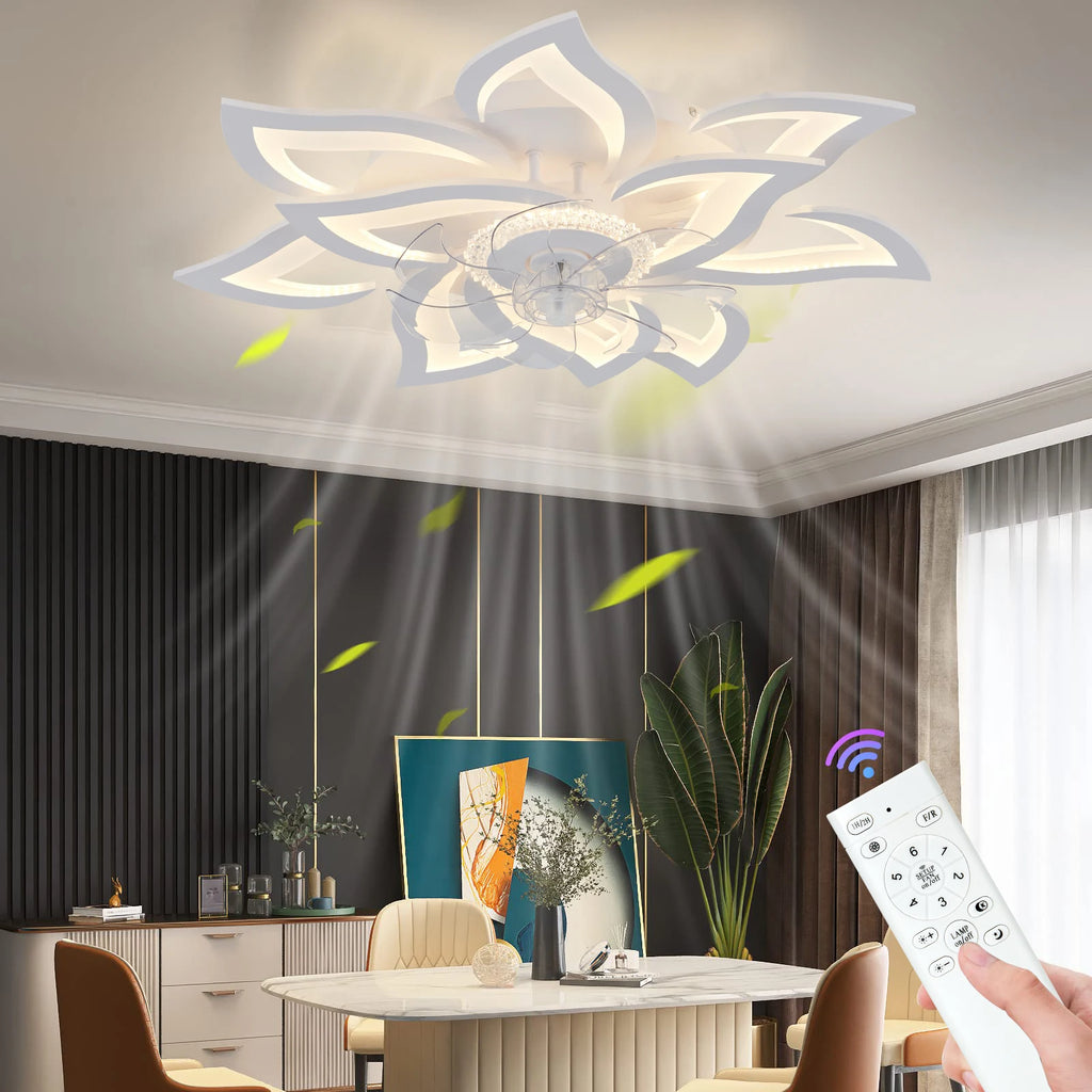 Ventilatore da soffitto con lampada LED, in acrilico a forma di loto, 6 velocità, silenzioso, a risparmio energetico, con luce integrata