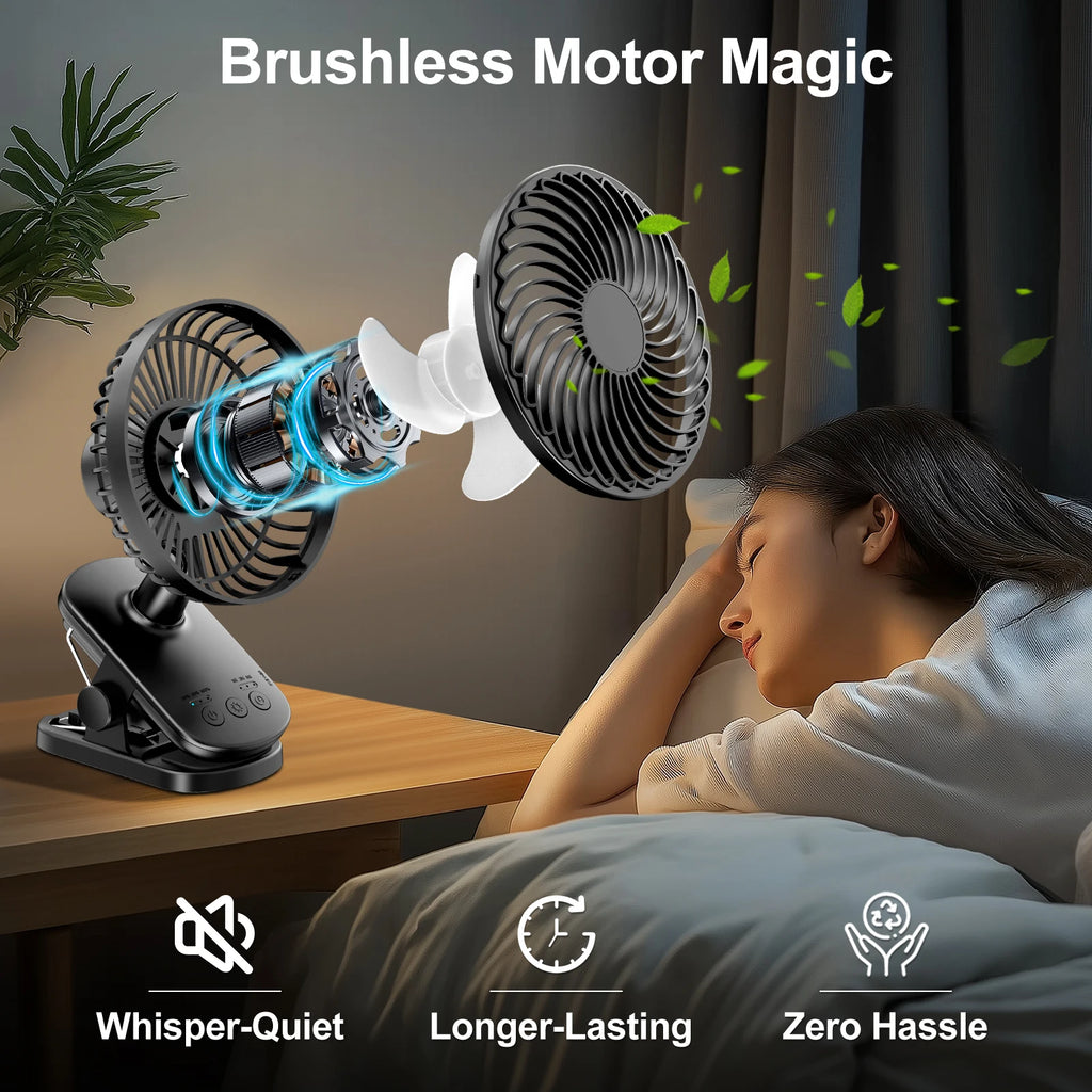 Mini Ventilatore Portatile a Clip, Ventilatore da Tavolo, 4 Velocità Silenziose con Rotazione a 360° °   Lampada da Campeggio con Oscillazione Automatica della Testa, Alimentazione ad Aria, Batteria da 4000mAh
