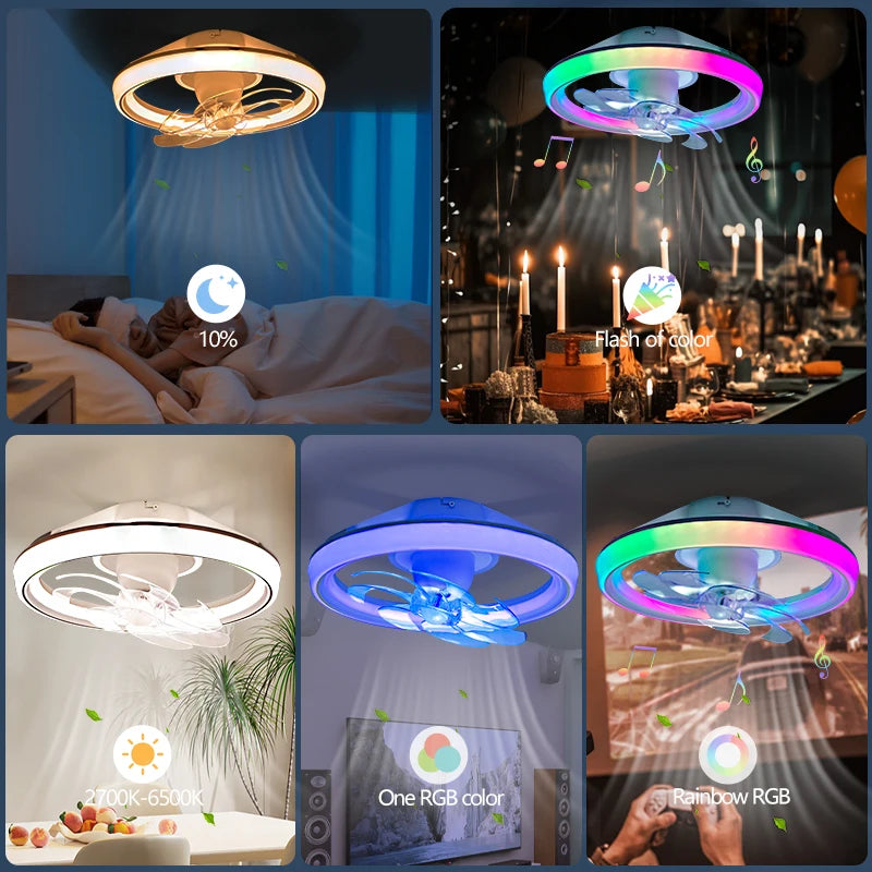 Ventilatore da soffitto a LED intelligente con altoparlante 360 °   Lampadario rotante moderno RGB con telecomando APP, lampadario a 6 velocità per interni domestici