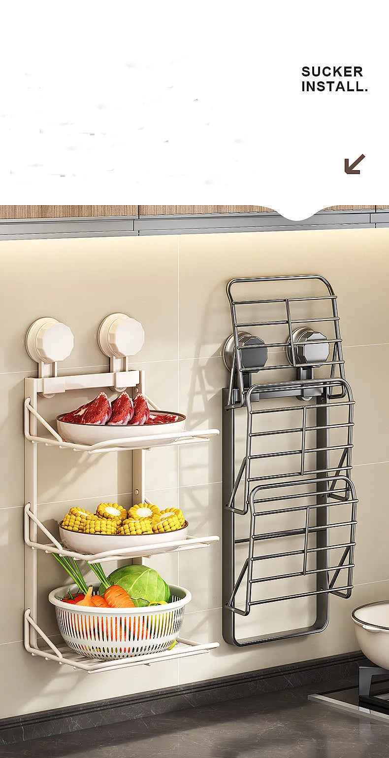 Ventosa multistrato Cucina Rastrelliere per verdure Frutta Parete angolare Vassoio per frutta Scaffale da cucina rimovibile Utensili senza trapano