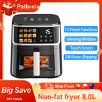 Patbrela Heißluftfritteuse 8L Groß ohne Öl mit LED-Display, 11 Voreinstellungen: Braten, Backen, Dörren, Aufwärmen, Leise, Antihaftbeschichtung