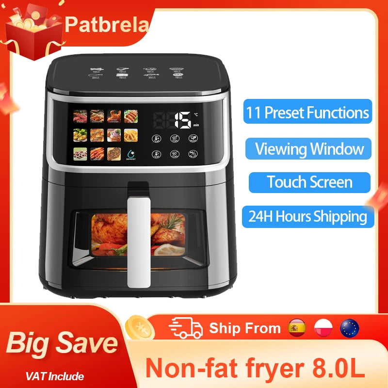 Patbrela Heißluftfritteuse 8L Groß ohne Öl mit LED-Display, 11 Voreinstellungen: Braten, Backen, Dörren, Aufwärmen, Leise, Antihaftbeschichtung