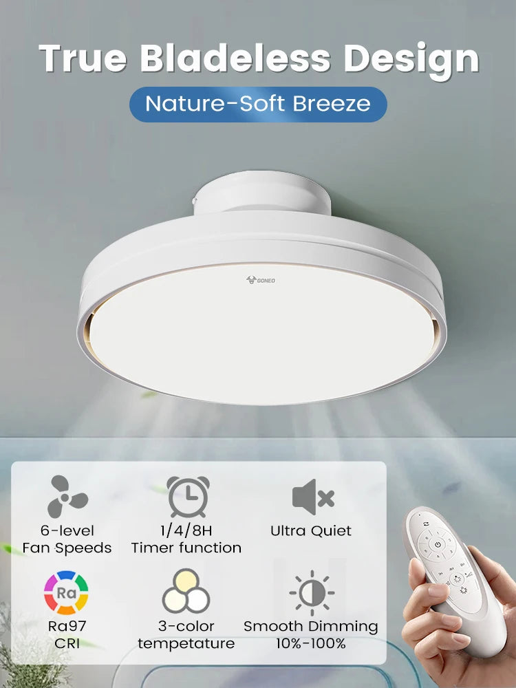 GONEO Ventilatore da soffitto senza lama con luce, LED dimmerabile, motore CC ultra silenzioso a 6 velocità con telecomando per soggiorno camera da letto