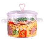 Kochtopf aus Glas mit Deckel und Griff, 1,5 Liter, rosa, transparent, verdickt, hitzebeständiger Herzdeckel für Suppen und Nudeln
