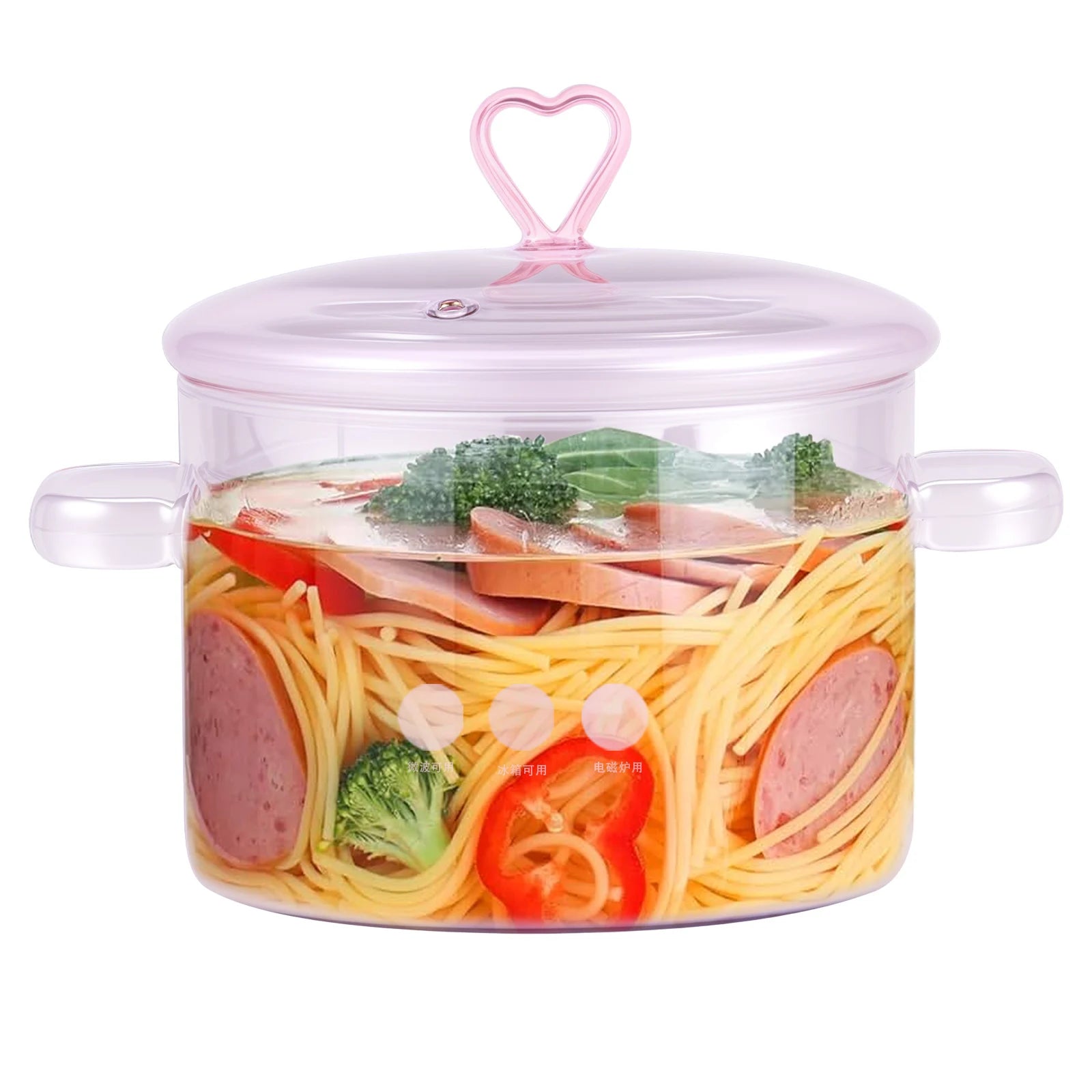 Kochtopf aus Glas mit Deckel und Griff, 1,5 Liter, rosa, transparent, verdickt, hitzebeständiger Herzdeckel für Suppen und Nudeln