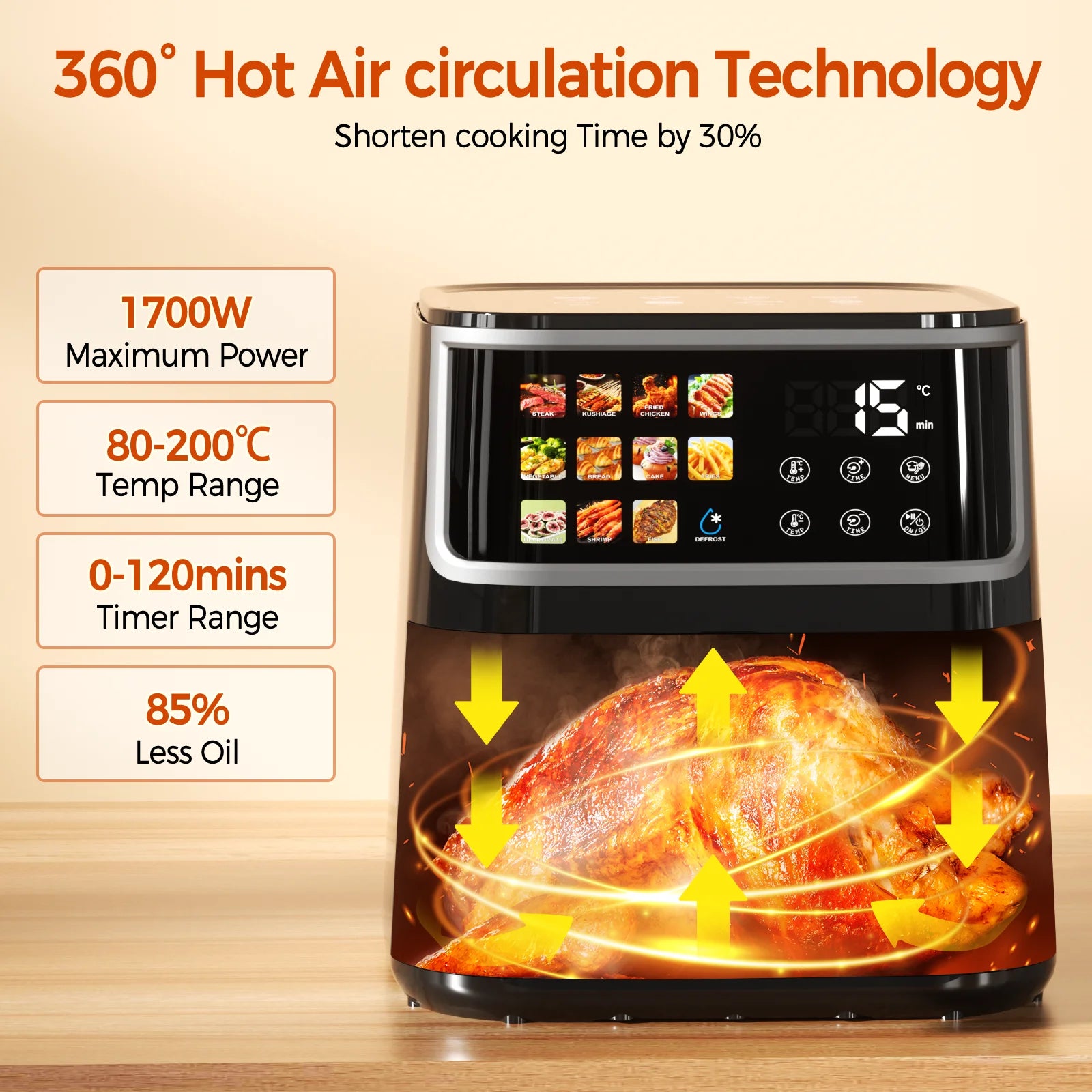 Patbrela Friggitrice ad Aria 8L 1700W con Touch Screen LED e 11 Funzioni Preimpostate