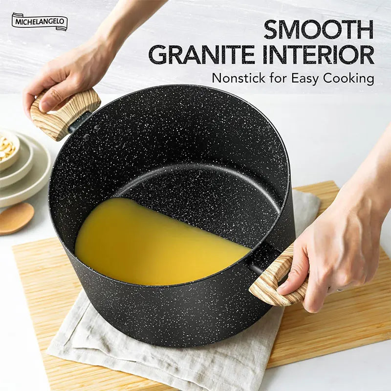 Pentola antiaderente Pentola per zuppa grande in granito da 5 litri Pentola per pasta con coperchio in vetro Pentole a induzione Pentole da cucina Nero