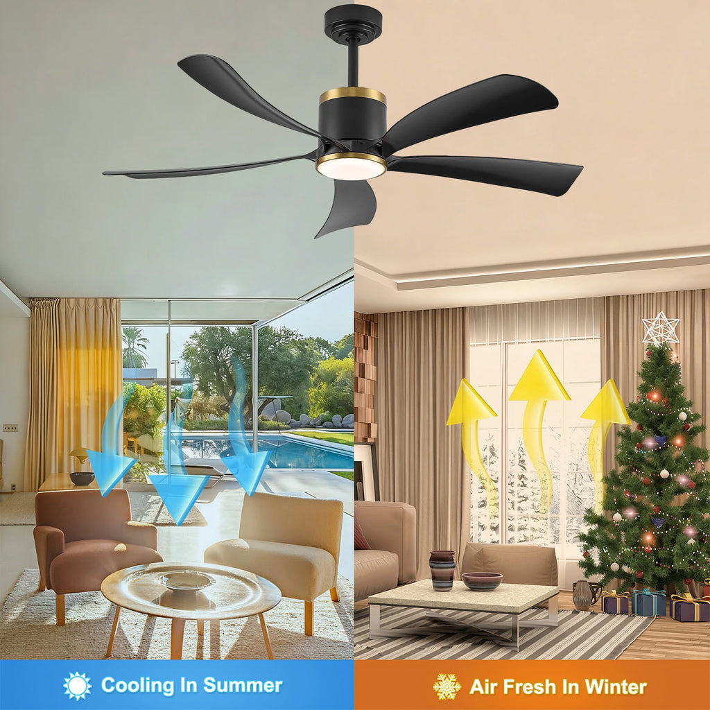 Ventilatore da Soffitto Reversibile da 52 Pollici con Luce, Nero e Oro, 5 Pale, LED 20W, 6 Velocità, Telecomando, Silenzioso, per Interni, Moderno, Estate e Inverno