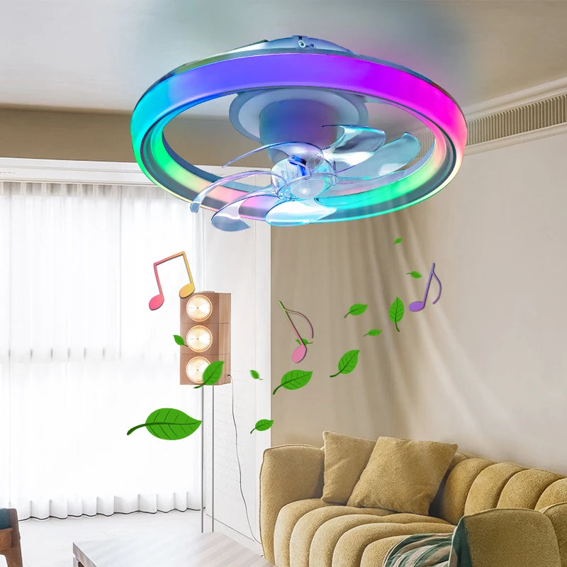 Ventilatore da soffitto a LED intelligente con altoparlante 360 °   Lampadario rotante moderno RGB con telecomando APP, lampadario a 6 velocità per interni domestici