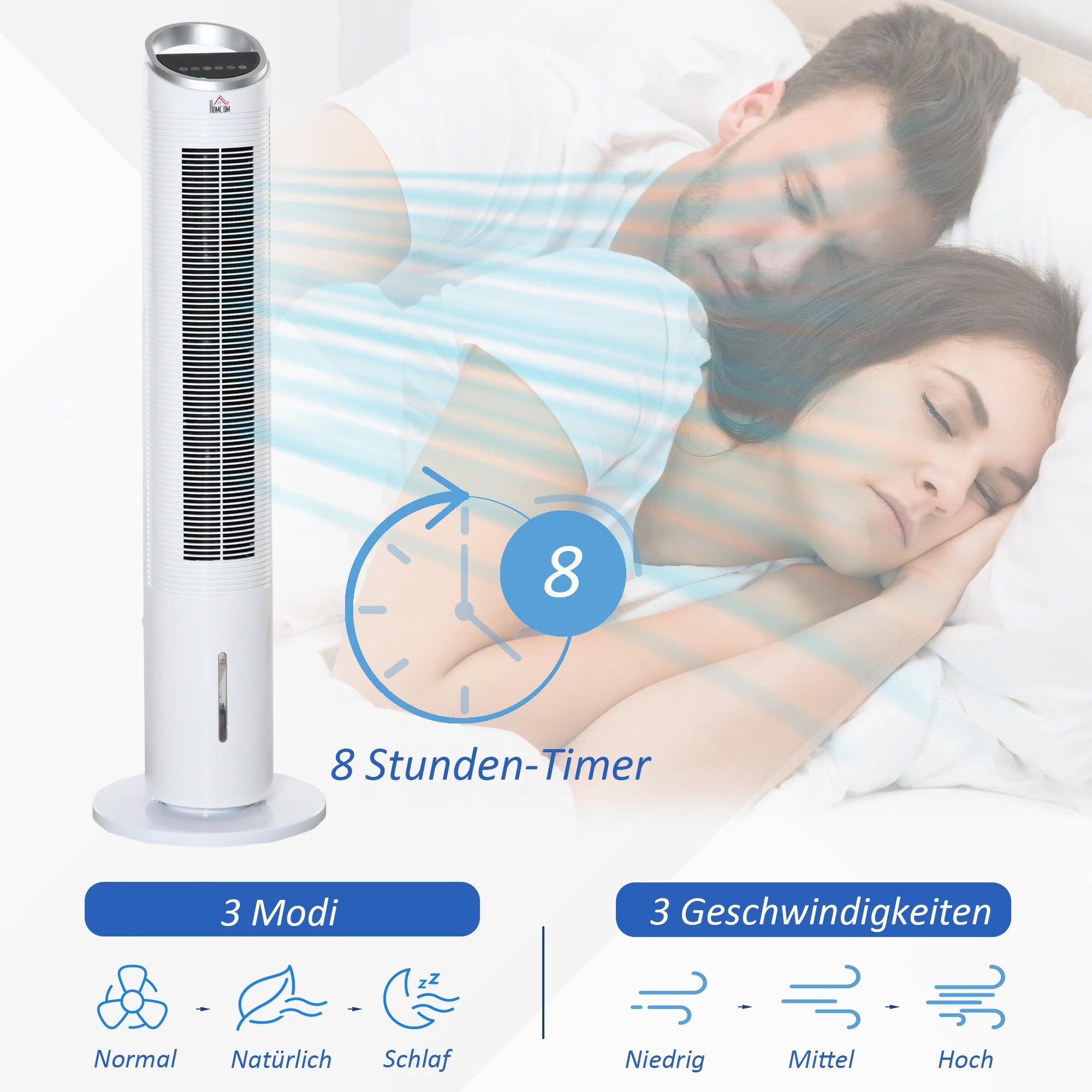 Ventilatore a torre da 60W raffreddato ad acqua con telecomando, funzione umidificante, timer da 8 ore, adatto per ambienti inferiori a 20 m² ㎡ Diametro 30 cm, altezza 100,8 cm.